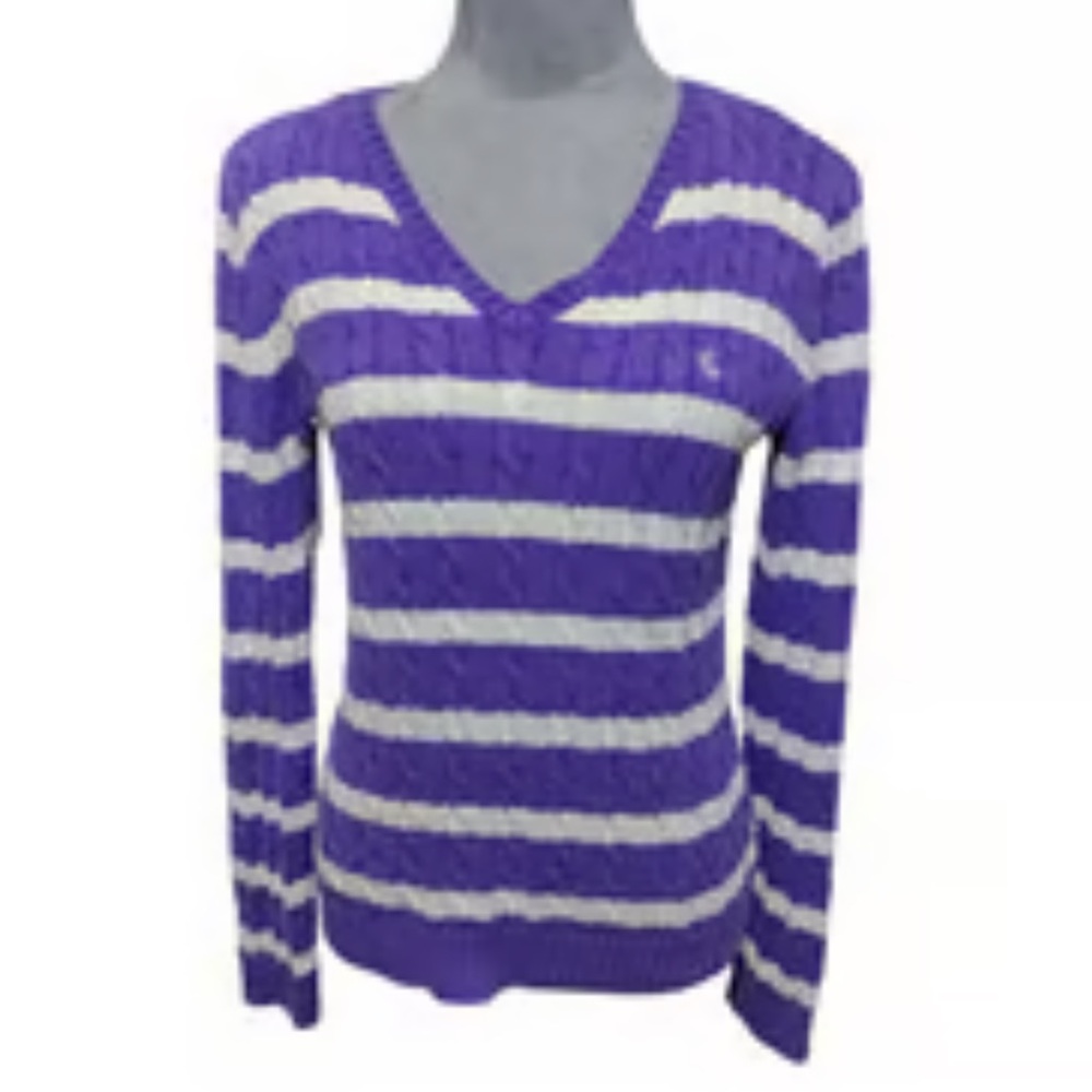 NWT Ralph Lauren Purple Cream Cable Knit V-neck Striped Sweater LRL